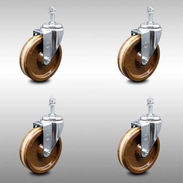 5 Inch SS High Temp Phenolic Wheel Swivel 10mm Threaded Stem Caster Set SCC